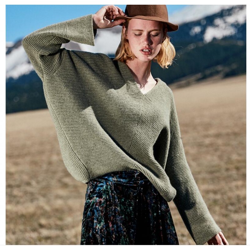 100%Cashmere Sweater Pullover V-neck Lady Winter Grass Green Loose Sweaters Girl WHOLESALE ONLY 